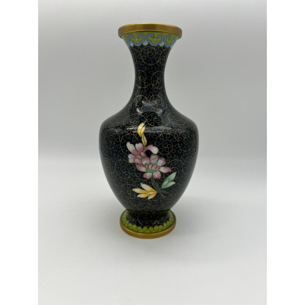 Vintage MCM Black & Gold Chinese Asian Cloisonne Metal Vase 8 1/4" Tall